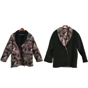 Black and Brown Fleece Reversible Horse Print Single Button Handmade Coat Sz M/L